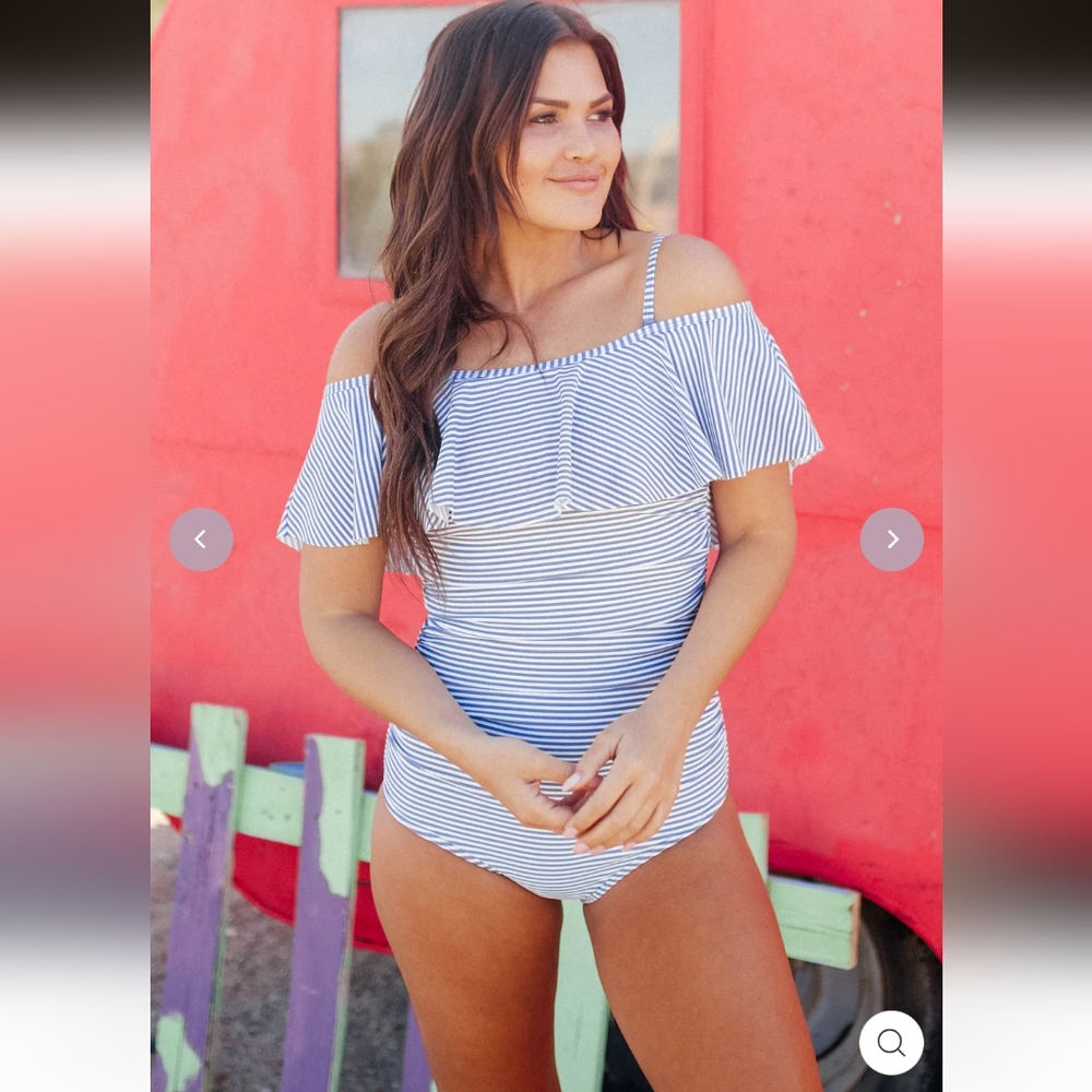 DM Fashion Off The Shoulder Stripe Ruffle Ruched One Piece- L